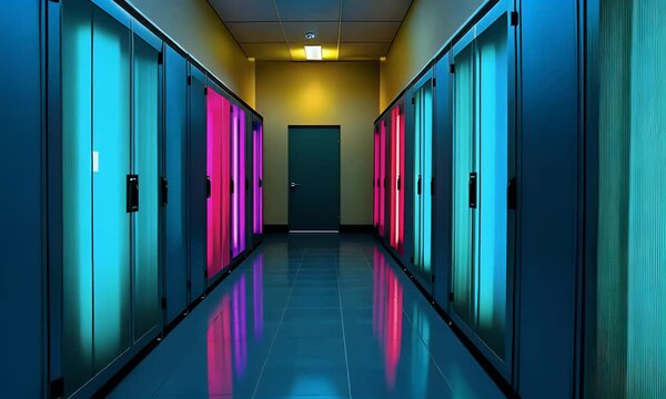 A hallway with lockers, illuminated by striking pink and blue hues, creates a futuristic, vibrant corridor