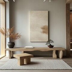 Minimalist Scandinavian Interior Design with Wooden Geometric Furniture and Soft Lighting