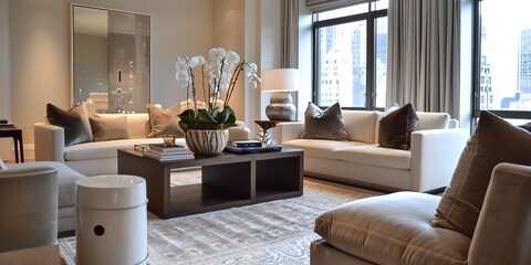 A contemporary living room transformation with neutral tones, soft textures, and statement decor 