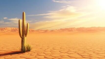 A solitary cactus stands in the vast desert landscape beneath blue sky