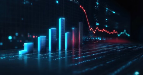 Futuristic 3D Business Market Chart with Glowing Trends and Neon Blue Colors for Financial Growth and Investment Analysis