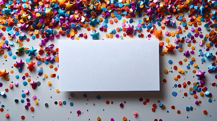 Colorful confetti background with blank white card for birthday wishes