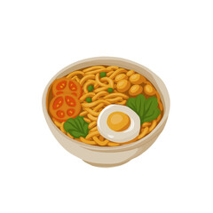Ramen Bowl Vector Illustration, Food Icon, Asian Noodles with Egg, Tomato, and Vegetables