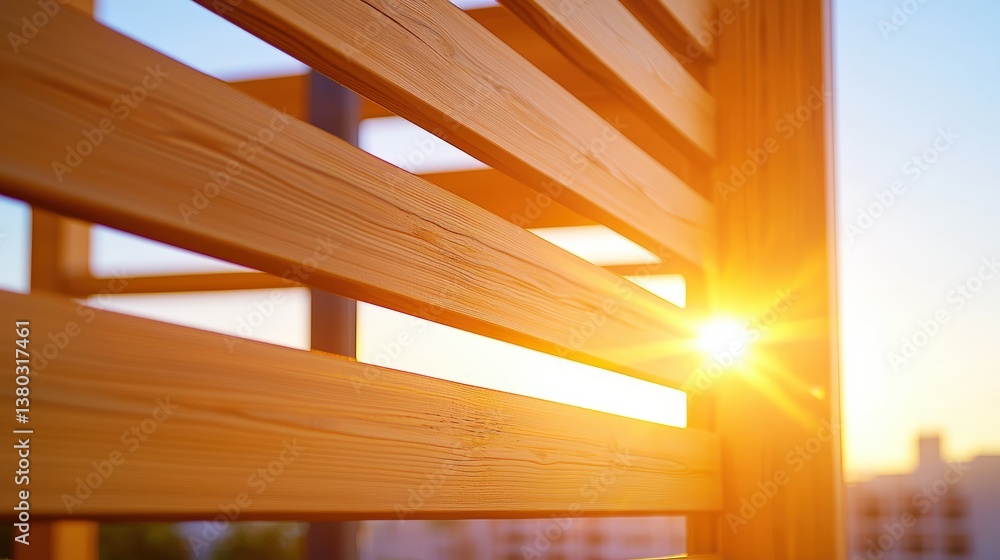 Aufkleber a close-up of wooden slats with sunlight filtering through, creating a warm and inviting atmosphere.