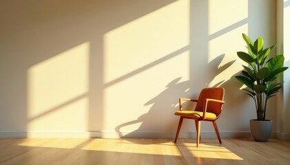 Fototapeta premium Sunlit room, single plant, empty chair near window , domestic, comfort