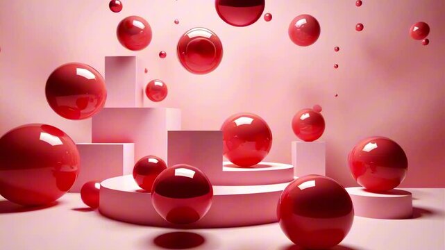 Abstract red spheres floating and bouncing on pink pedestals in a pink room, creating a visually appealing and dynamic scene