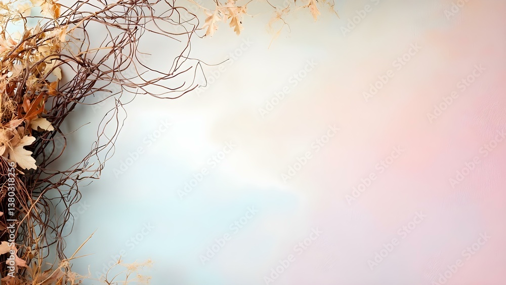Poster a soft gradient background with intertwined branches and dried leaves, creating a natural and gentle
