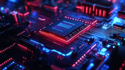 Obraz premium AI-powered semiconductor glowing with blue and red neon circuitry on an advanced PCB.