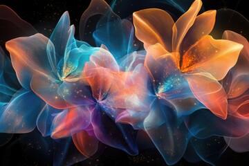 Naklejka premium Abstract cosmic flowers in vibrant hues, glowing with ethereal light and intricate details.