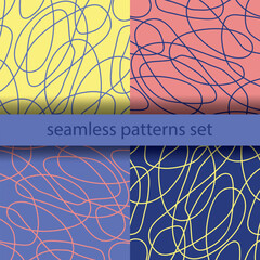 Seamless abstract patterns set, intertwining yellow, blue, coral, violet lines. Dynamic, chaotic design, modern, energetic scratches, artistic scribbles, free hand, continued lines, hand drawn style