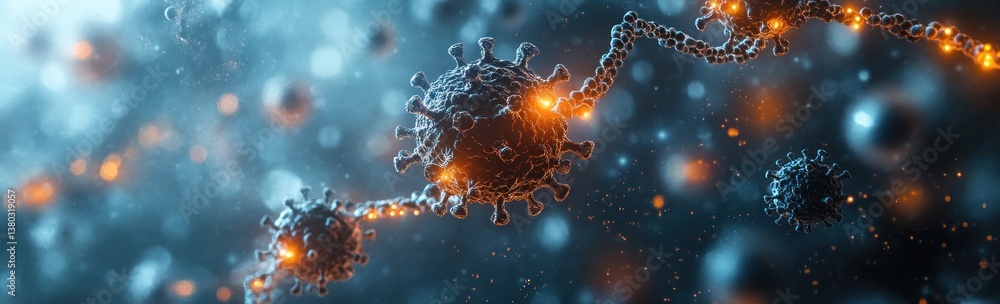 Poster detailed visualization of coronavirus particle with dna helix and chemical formulas in futuristic la