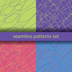 Seamless abstract patterns set, intertwining green, blue, coral, violet lines. Dynamic, chaotic design, modern, energetic scratches, artistic scribbles, free hand, continued lines, hand drawn style
