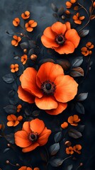 Bright Orange Flowers with Dark Centers and Delicate Leaves on a Dark Background