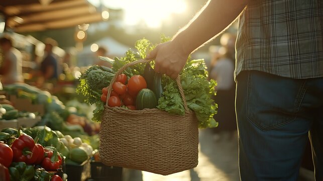 A person holding a string bag full of fresh vegetables at an outdoor farmers market, sunlit stalls and other shoppers blurred in the background, candid and vibrant eco-lifestyle scene,