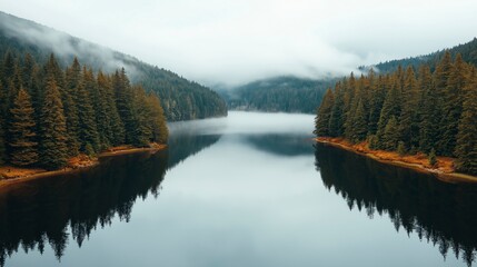 Obraz premium Serene lake nestled between evergreen mountains under a misty sky during early morning light Generative AI