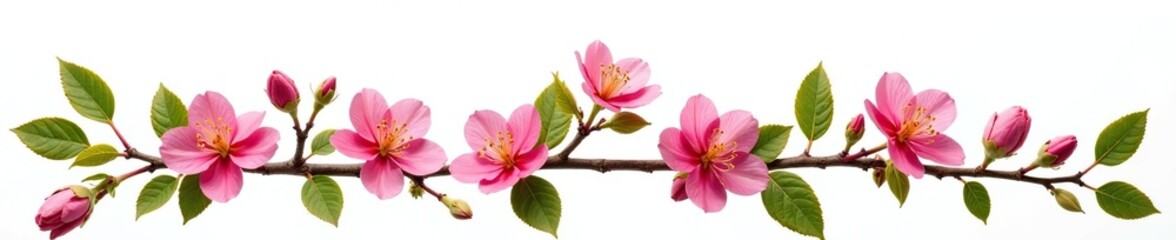 Obraz premium Several branches with flowers and leaves in a row on white background, blossom, botanical, flower