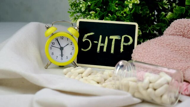 5-HTP sleep supplement capsules. Selective Focus.