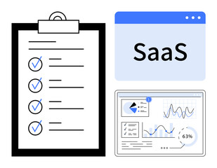 Digital checklist on clipboard, SaaS window, analytics dashboard displaying graphs and stats. Ideal for productivity, organization, data analysis, SaaS, business management, strategy tech concepts