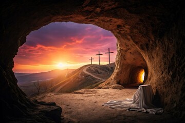Cave Entrance, Burial Cloths, and Distant Crosses at Sunrise