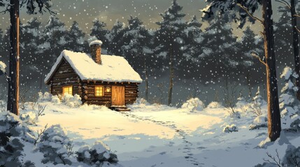 Fototapeta premium A Cozy Snow Covered Cabin Situated Deep Within The Winter Forest