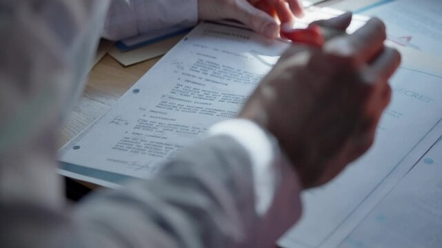 Man sits at desk, reviewing confidential papers and marking key points with red marker. Agent, investigator, lawyer, or student working with sensitive material. Investigation, research, academic study