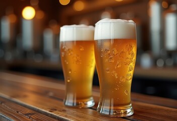 frosty beer glasses refreshing cold beverage rustic wooden bar top drink pouring brewery atmosphere, craft, amber, bottle, foam, pint, tap, ale, lager