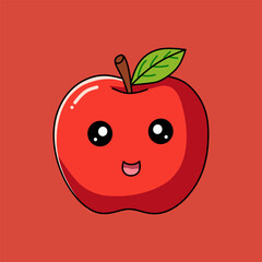 Cute Cartoon Apple Character with Smiling Face on Red Background