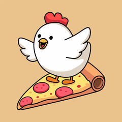 Cartoon Chicken Riding a Pizza Slice Comic Food Illustration