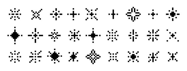 Pixel Art Symbols, Decorative Crosses, Black and White Icons, Minimalist Design, Abstract Patterns, Retro Graphics, Geometric Elements, Digital Aesthetic.