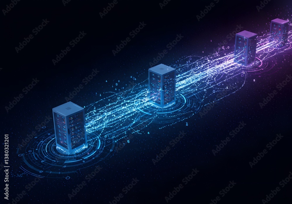 Poster data network servers digital information flow, server racks, data transfer, cloud computing, technol