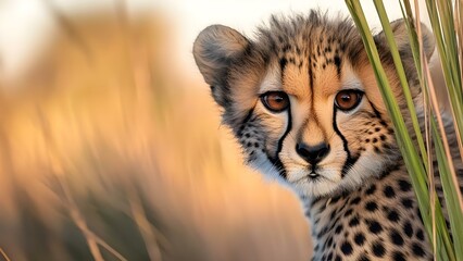 Obraz premium A close-up of a young cheetah peeking through tall grass with a blurred golden background. Concept Cheetah Close-Up, Young Wildlife, Nature Photography, Blurred Background, Tall Grass Habitat