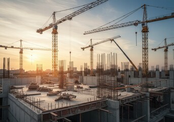 Construction technology banner background Construction site with cranes fittings and concrete