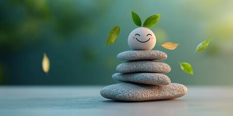 Balance and Harmony in Life with Smiling Zen Stones and Floating Leaves for Mental Health and Serenity