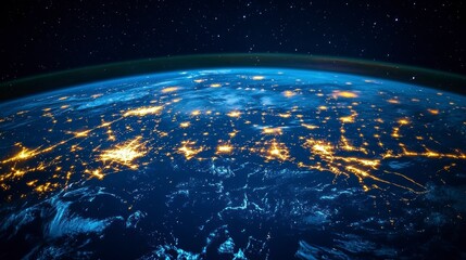 Obraz premium City lights gleam across Earth at night, viewed from space, with stars above