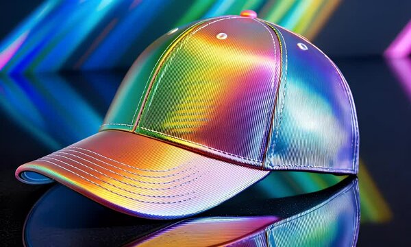 Iridescent baseball cap reflecting neon lights on a dark surface. Bright, shiny, and modern