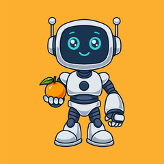 Robot Holding Orange Cartoon Illustration Character on Orange Background