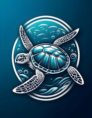 A stylized illustration depicting a swimming sea turtle underwater