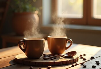 cozy warm coffee mugs wooden table rustic comfort relaxation home decor, ceramic, tea, beverage, drinks, tableware, scene, coziness, warmth, textures
