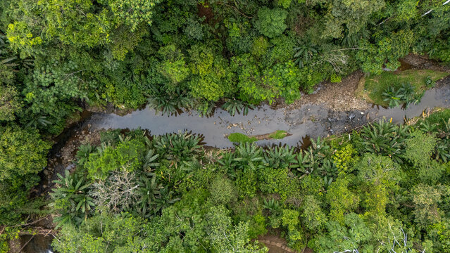 Drone aerial view of Waterfall in Costa Rica at the Caribbean in BriBri close to Puerto Viejo