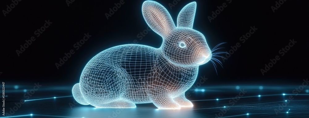Poster 3d wireframe hologram rabbit in neon colors on dark background with captivating glowing grid