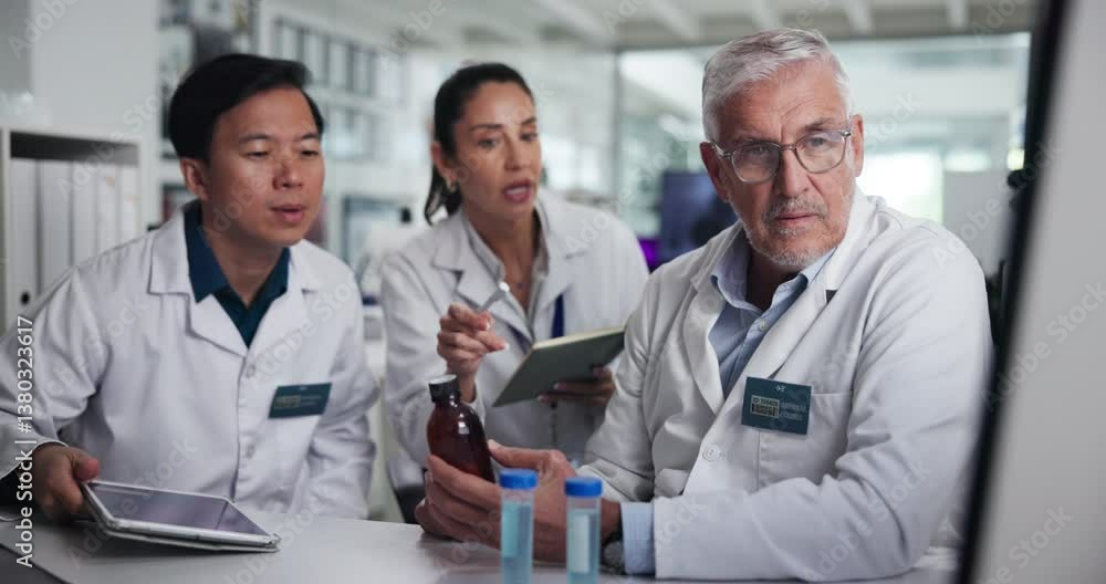 Poster Computer, notebook and tablet with scientist people in laboratory for collaboration or discussion. Healthcare, medical sample and research with team at work on science breakthrough for innovation
