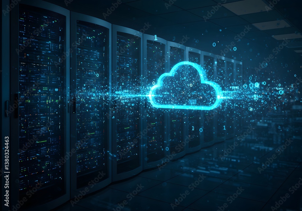 Poster cloud computing data center server racks and digital cloud icon, secure storage, it infrastructure.