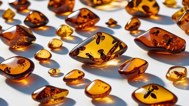 A collection of amber against a white backdrop. A cluster of amber fragments containing insects within. Minerals sourced from a resin tree on a white surface. Amber featuring inclusions of various