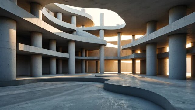 3D rendering of a vacant concrete interior area illuminated by sunlight, abstract design featuring a cement structure.