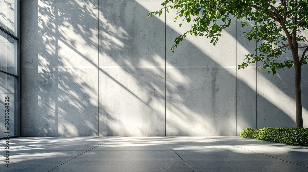 Poster Sunlight streams through a retail shop's large windows, casting intricate shadows on the smooth concrete walls. A tree adds a touch of nature to the inviting atmosphere, creating a calming retreat
