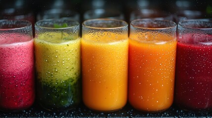 Vibrant Assortment of Colorful Fruit Smoothies in Glasses