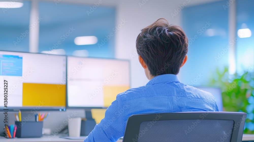 Poster a person is seated at a desk, facing multiple computer monitors in a modern workspace, with a plant 