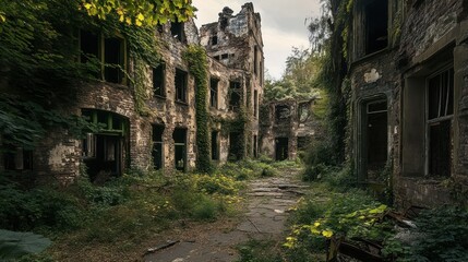 Naklejka premium Old and overgrown abandoned building with broken windows and walls