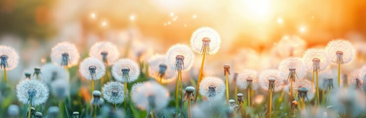 Obraz premium Sunny Meadow Filled with Dandelions Blooming in Soft Focus Macro Photography