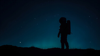 An astronaut silhouette stands on the horizon, gazing at the vast expanse of the starry night, evoking a sense of wonder, exploration and solitude.